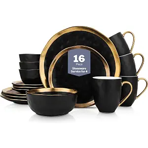Stone Lain Florian Modern Porcelain 16 Piece Dinnerware Set, Plates and Bowls Set, Dish set for 4, Black And Golden Rim
