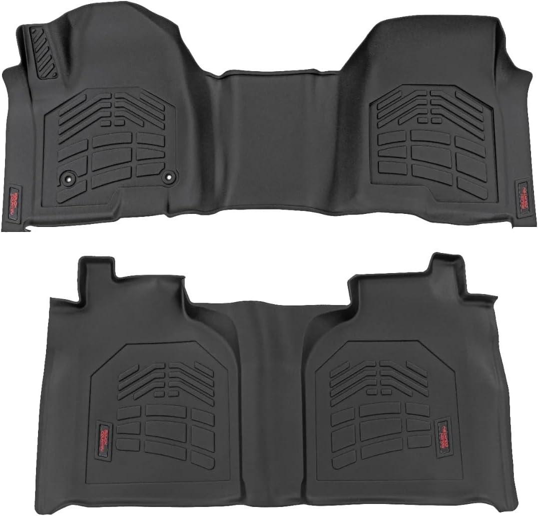 Rough Country Sure-Fit Floor Mats for Chevy Silverado & GMC Sierra 1500/2500HD/3500HD (2019-2025) Bench Seat - Waterproof, Non-Slip Flexible Floor Mat, Front & Rear Set