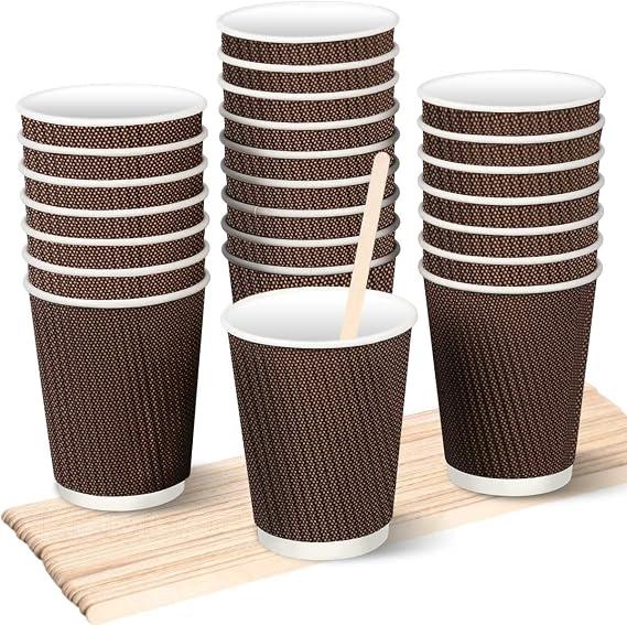12 oz Disposable Coffee Paper Cup 600 Count with Stirrers But No Lids, Heat Resistant Double Wall Paper Espresso Cups for Hot Drinks, Ripple Paper Tea Cups for Birthday Halloween Christmas Party
