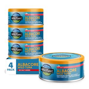Wild Planet Albacore Wild Tuna, No Salt Added, Canned Tuna, Pole & Line Caught, 5 oz, Pack of 4, Expiry: 11/17/28