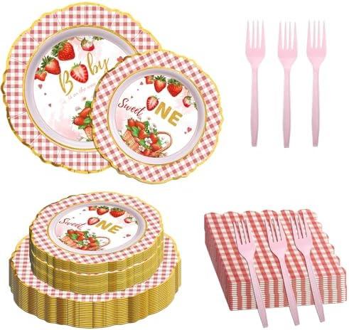 Yinbanban 96 Pcs Party Supplies of Paper Plates 9 Inch & 7 Inch, Paper Napkins, Disposable Plastic Forks, Strawberry Gingham Set for 24 Guests, Great for Easter, Birthday, Wedding, Garden Events