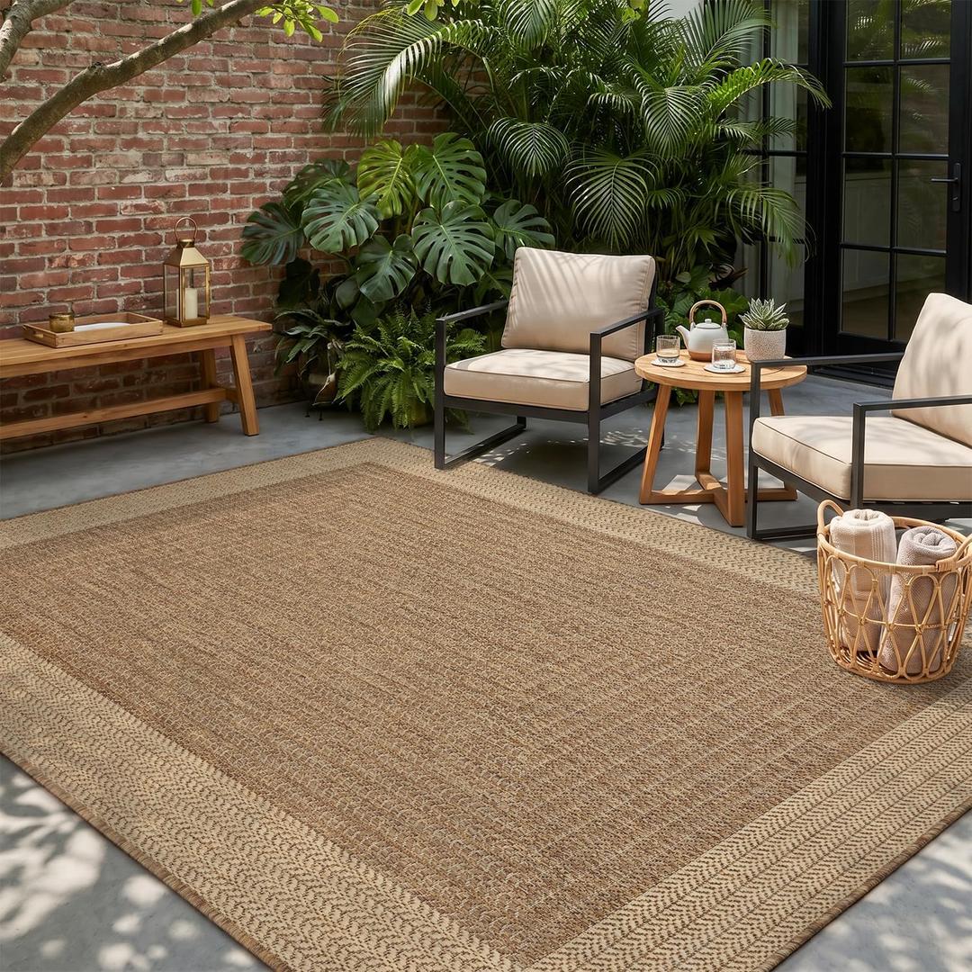 MontVoo-Outdoor Rug-Patio Rug 6x9 ft Polypropylene Indoor Outdoor Rugs Outdoor Carpet for Patio Deck Balcony Porch, Textured Weave, Durable for High Traffic, Fade-Resistant, Modern Neutral Brown