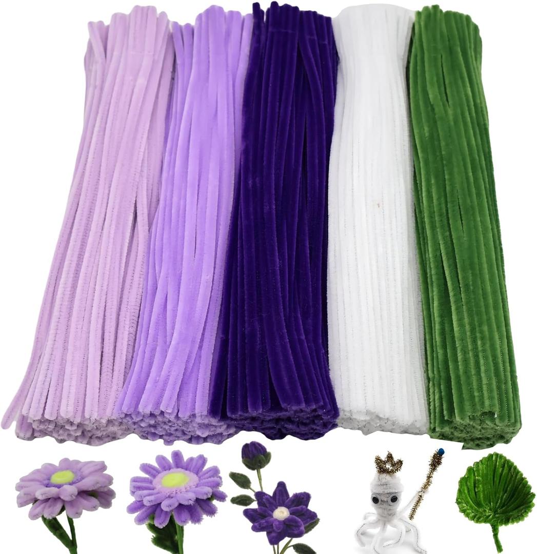 500 Pcs Purple Flower Color Pipe Cleaner Craft Set in 5 Assorted Colors,Fluffy Pipe Cleaners Chenille Stems for Christmas DIY Decorations,Art Projects