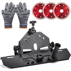 45 Degree Tile Chamfering Tool Kit Include a 45 Degree Angle Cutting Tool with Handle and Dust Removal Pipe, 3 Diamond Blades and a Pair of Work Gloves for 115 to 125mm Angle Grinders