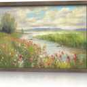 Rustic Landscape Framed Wall Art - Countryside Stream Painting Lake Scenery Picture Colorful Spring Nature Artwork Decor for Living Room (24"L x 16"W, floral)