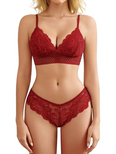 Avidlove Lingerie Sets for Women Lace Bra and Panty Sets 2 Piece Lace Babydoll Outfits（Red,L）