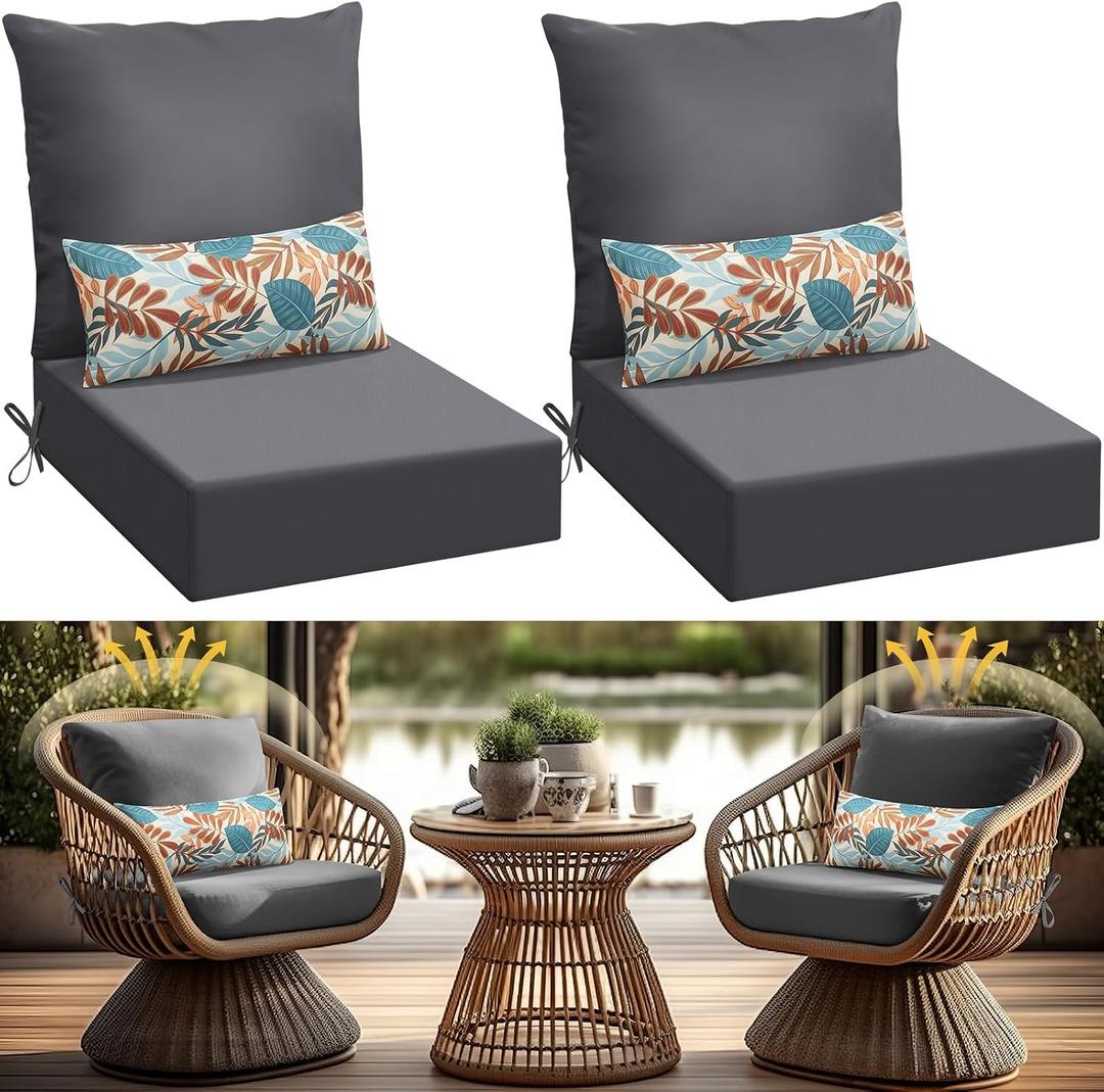 Patelai Set of 2 Outdoor Deep Seating Cushions for Patio Furniture 24 x 24 Inch Replacement Patio Chair Cushions with Back Pads and Pillows, Waterproof Fade Resistant Non-Slip Bottom & Straps (Grey)