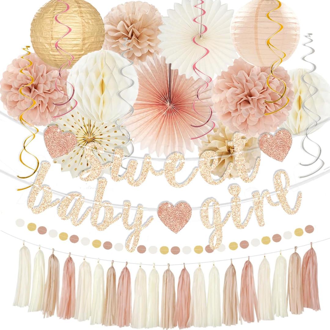 Champagne-Gold Beige Fall Boho Baby Shower Party Decorations - Sweet Baby Girl Banner, Peach White Paper Lanterns, Streamers, Tissue Pom Poms, Blush Beige Boho Paper Tassel, Rustic Backdrop Decor