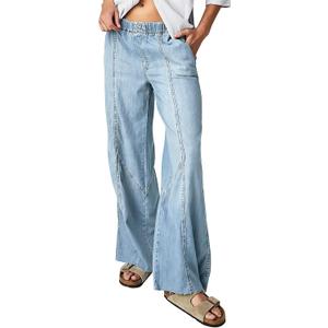 Mafulus Women's Wide Leg Jeans Elastic High Waisted Baggy Jeans Loose Fit Seemed Front Denim Pants (Blue, S)