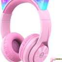 iClever Kids Headphones with Cat Ear Led Light Up, Safe Volume Limite, FunShare, Foldable, Over-Ear Headphones for Kids for School/iPad/Tablet/Travel, Meow Donut-Pink