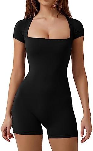 QINSEN Women's Short Sleeve Bodycon Romper Stretchy Square Neck Sexy Unitard Jumpsuit, Size: S