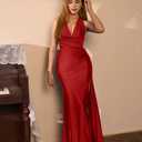 LAGSHIAN Women's Elegant V Neck Halter Backless Bodycon High Split Ruched Long Formal Evening Dress (Red, XL)