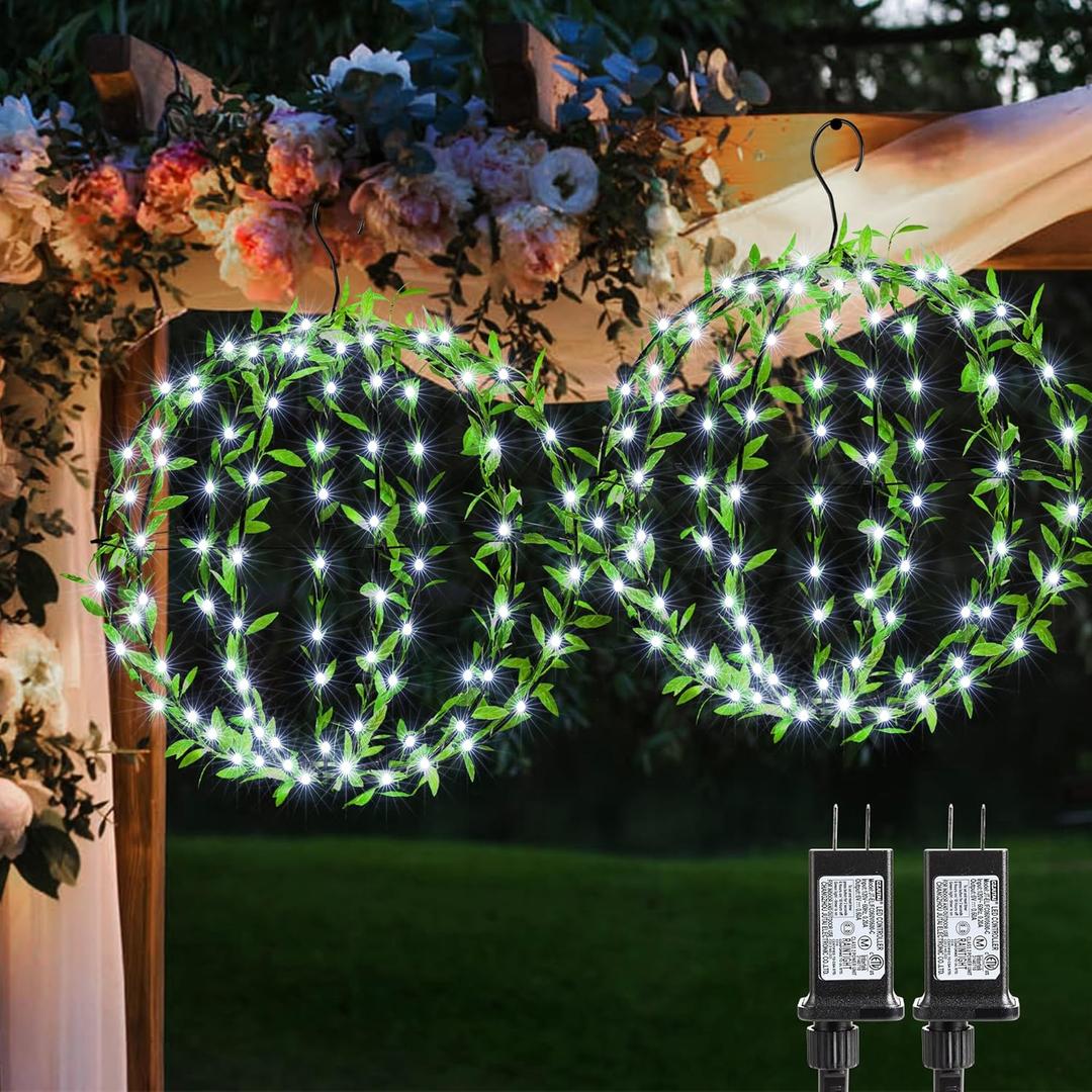 Flacchi Hanging Iron Sphere Lights with Artificial Greenery  12Inch 120 LED Waterproof Outdoor/Indoor Decor Ball Light with Timer & 8 Modes  2 Pack for Garden, Christmas, Weddings (Cool White)
