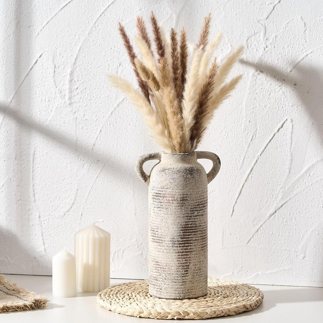 Ceramic Rustic Vase for Home Decor, Terracotta Vase with Handles, Handcrafted Vintage Decorative Flower Vase for Farmhouse, Living Room, Table, Fireplace, Nightstand (Gray- 10.16")