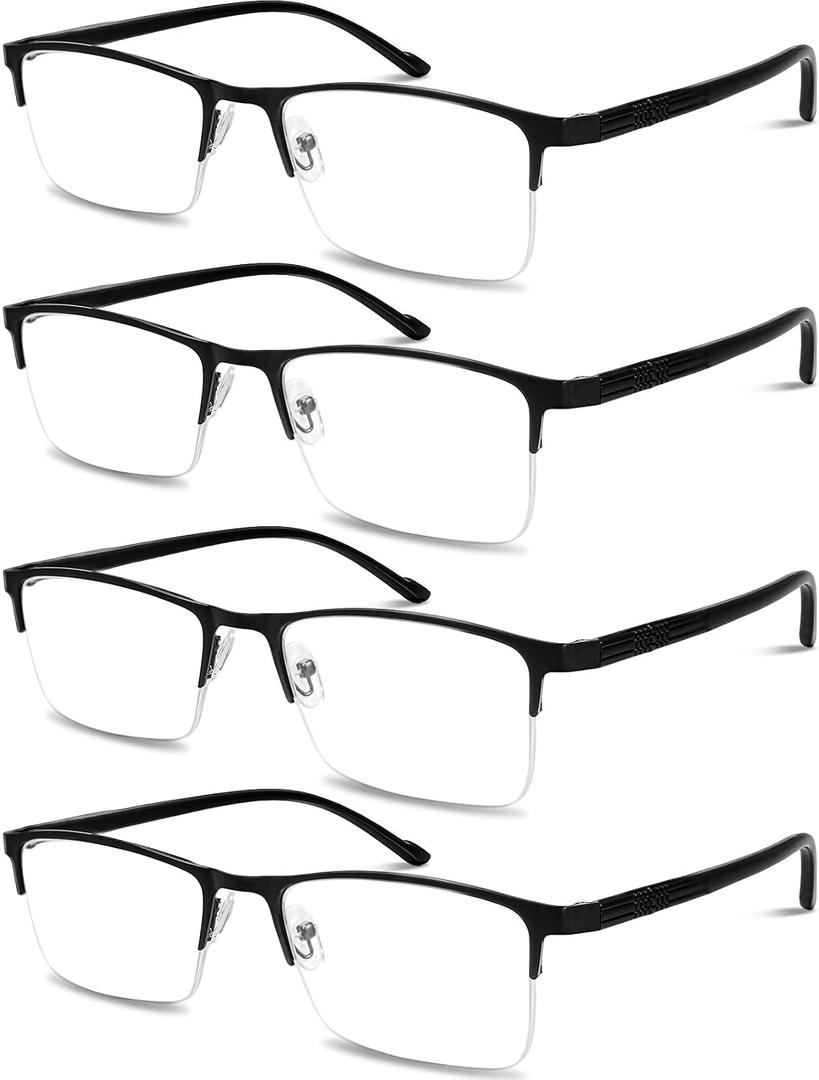 2 x 4 Pack Blue Light Blocking Reading Glasses for Men +1.5 – Executive Style Readers with Black Metal Frame & Black TR90 Temples, Half-Rim, Anti-Glare, Spring Hinges