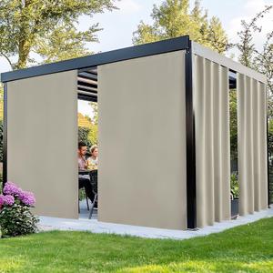 NICETOWN 2 Panels Outdoor Curtains for Patio Waterproof, Peel/Stick Top & Back Tab Bottom Drapes with Free Rope for Wind Blocking, Privacy Sun Shades for Gazebo/Deck, W66 x L90 in, Natural