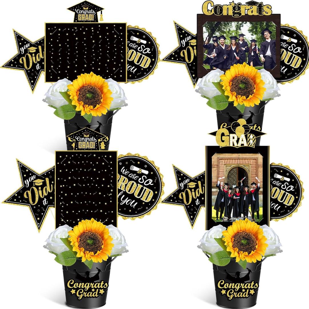 Leinuosen 4 Set Graduation Party Picture Centerpiece Picks Class of 2025 Photo Table Topper Congrats Grad Stick with Metal Bucket Artificial Flowers for High School College Grad Decor(Black and Gold)
