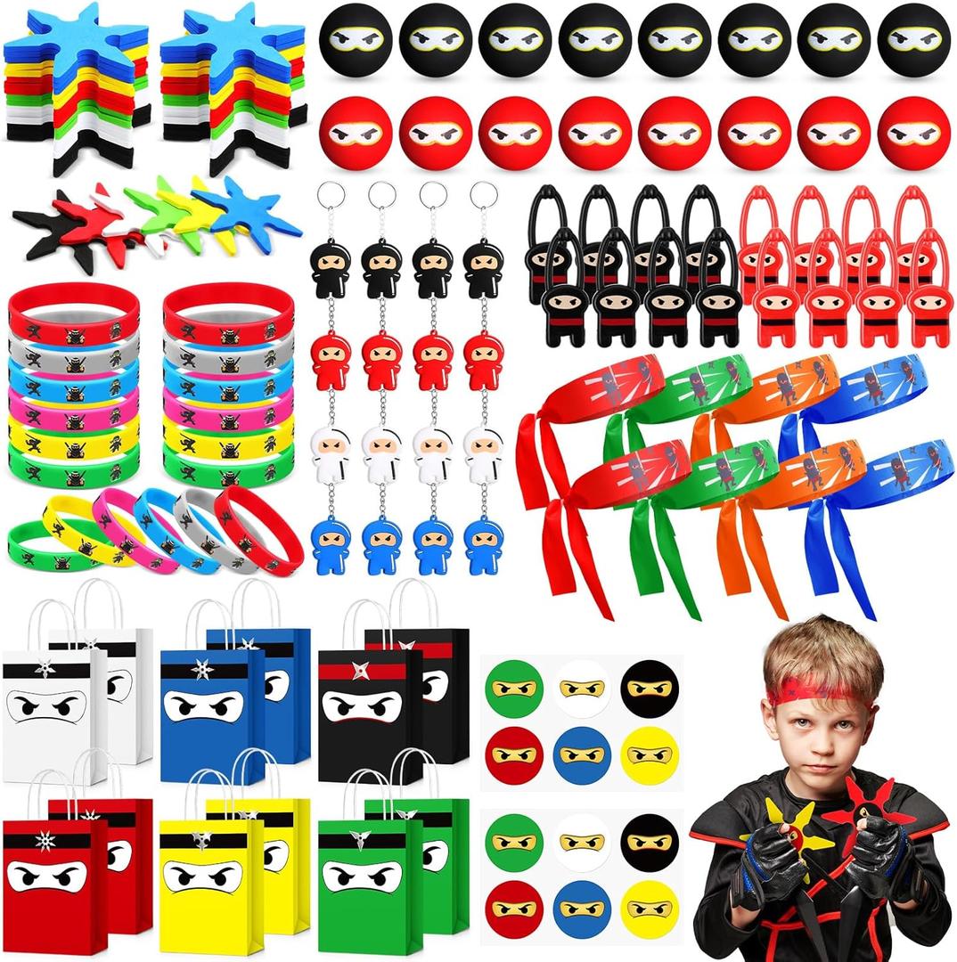 16 Guests 128 Pcs Ninja Party Favors Include Ninja Paper Bags Bouncy Balls Throwing Favors Flying Slingshot Headbands Silicone Bracelets Keychains Stickers for Birthday Party Supplies