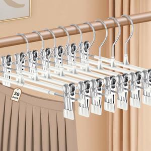 POZEAN Pants Hangers with Clips 30Pack, 12Inch Adjustable Skirt Hangers for Women, Space Saving Non-Slip Hangers for Shorts, Jeans, Coat, Kids' Clothes (White, 30Pack)