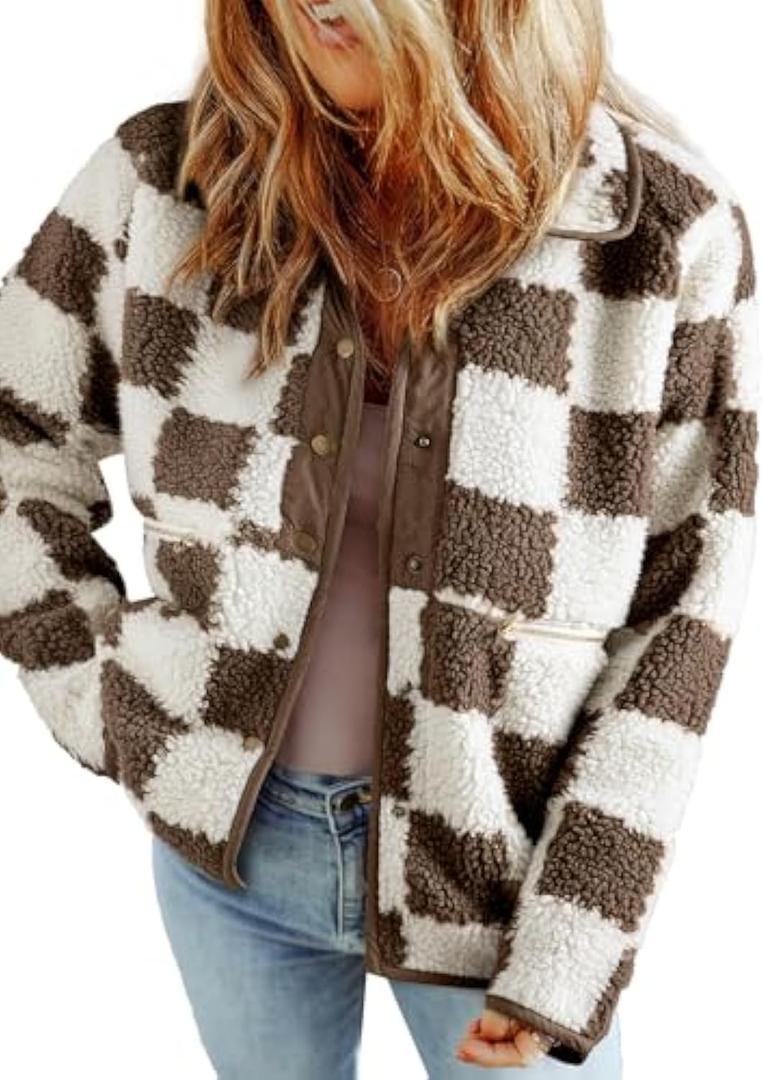SHEWIN Jackets For Women Causal Sherpa Fall Jacket Loose Button Down Plaid Winter Coats (Small)