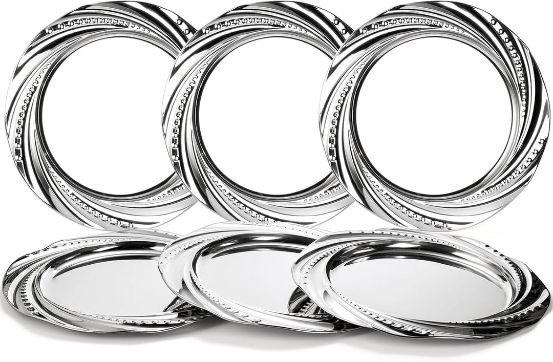 ZENFUN 6 Pack Silver Charger Plates - Stainless Steel Dinner Chargers with Spiral Design for Decorative Table Setting, Weddings, Parties & Outdoor Receptions