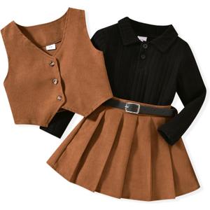 HINTINA Toddler Little Girl Sleeveless Button Vest Ribbed Long Sleeve Collar Top And Pleated Skirt With Belt (4-5T, Brown)