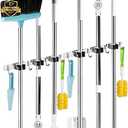 2 Pack 2 Racks and 4 Hooks Broom and Mop Holder Wall Mounted Garage Organizer Storage Tool Racks Stainless Steel Heavy Duty Hooks Self Adhesive Solid Non-slip Wall Hangers for Home Kitchen Garden