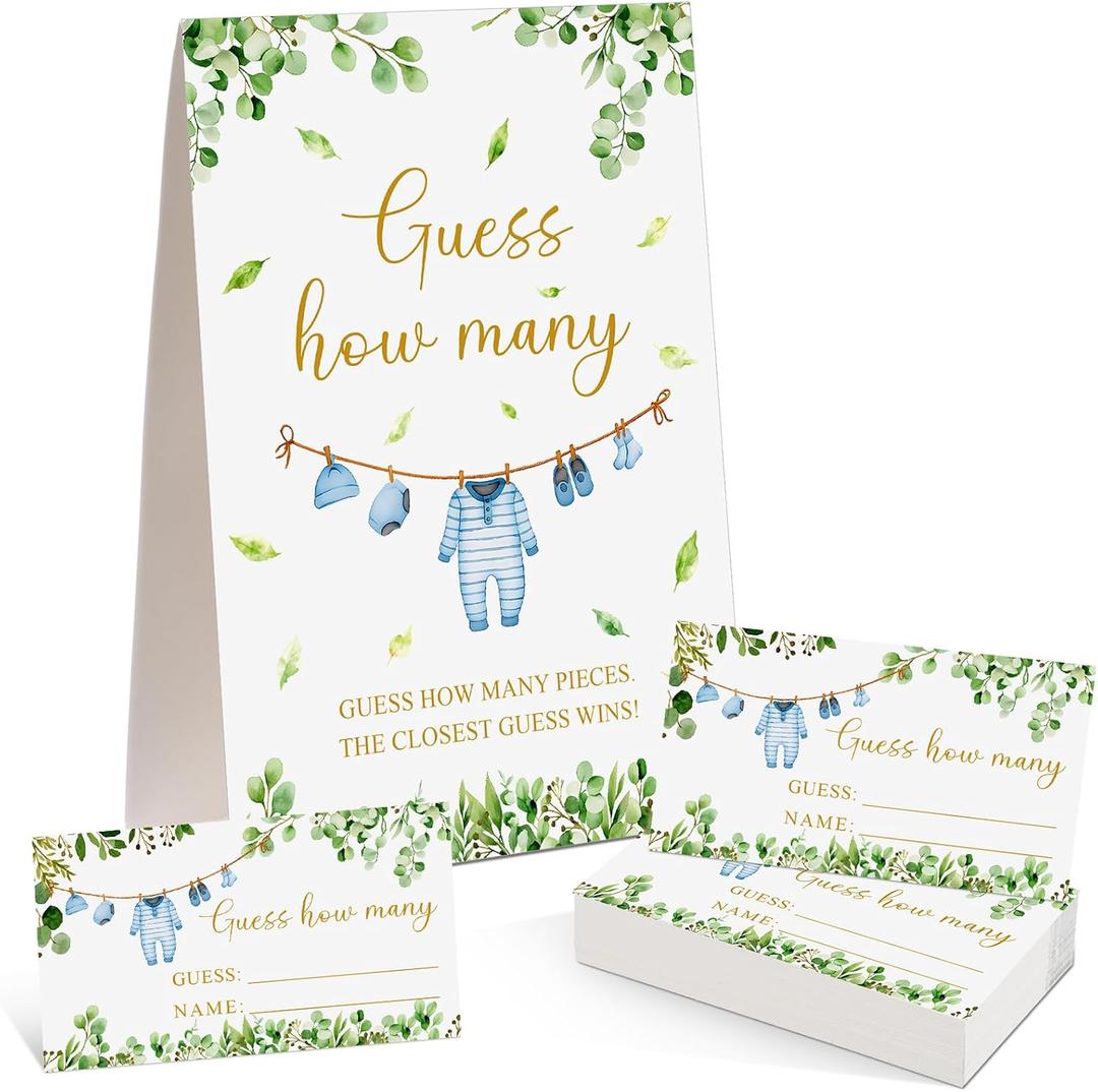 Blue Clothes Guess How Many Baby Shower Game Pack of 1 Tabletop Sign with Stand and 50 How Many Cards, Eucalyptus Gender Reveal Party Game Decorations
