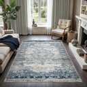 GLN Rugs Vintage Collection - Machine Washable Area Rug, Vintage Washable, Non Slip, Low Pile Rug, Living Room, Bedroom, Bathroom Rug - Easy Clean (5'3"x7'5" Navy Blue and Gray)