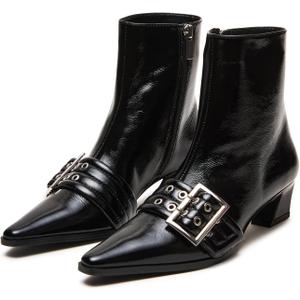 Vaslemuse Women Booties Buckle Ankle Boots Kitten Low Heel Eyelet Booties Sexy Pointy Toe Fashion Dress Short Boots with Zips (Black), Size 6.5