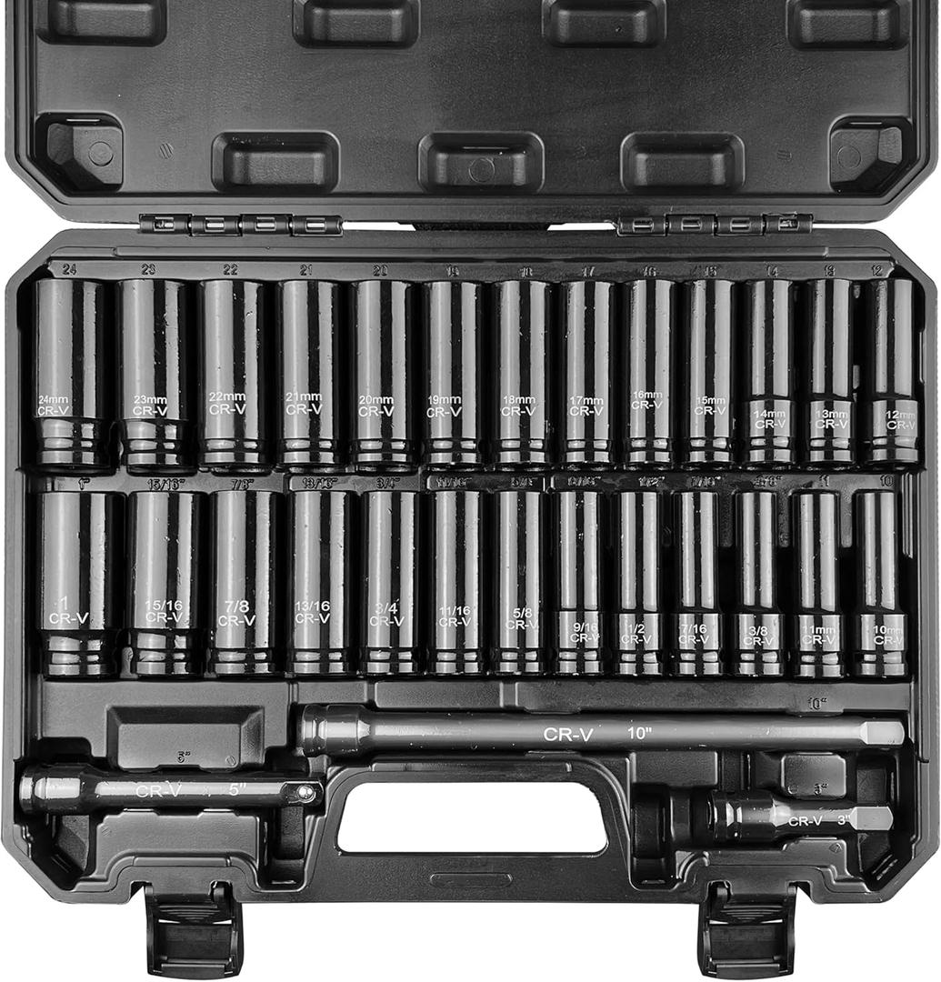 29pcs 1/2" Socket Set, Drive Deep Impact Socket Set, Including 3 ", 5", 10" Impact Extension Bar, Standard SAE (3/8 "- 1") and Metric (10mm-24mm), Cr-V Steel