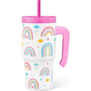 Rainbow Tumbler 20oz with Handle and Silicone Straw Lid for Kid, Insulated Stainless Steel Cup, Gift for Kids Girls, Gifts Idea for Birthday Christmas Back to School