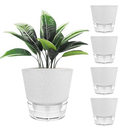 HYNZ 2024 Upgraded 5 Pack 6-Inch Self-Watering Planter Pots with Deep Reservoir for Indoor and Outdoor Plants with Planting Tools (Frosted White)