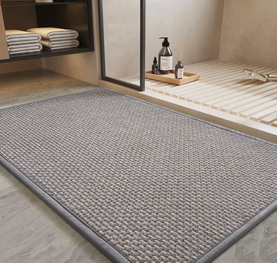 PADOOR-Bath Mat-Super Absorbent Chenille Bathroom Mats-Rubber Backed Bath Mats for Bathroom Non Slip, Easy Clean Bathroom Rugs Front of Bathtub,Shower Room,Sink-17×28, Grey&Beige