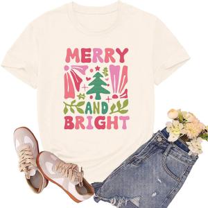 Christmas Shirts for Women Merry and Bright Tshirts Merry Christmas Shirt Xmas Holiday Tee Tops (Large, Cream)
