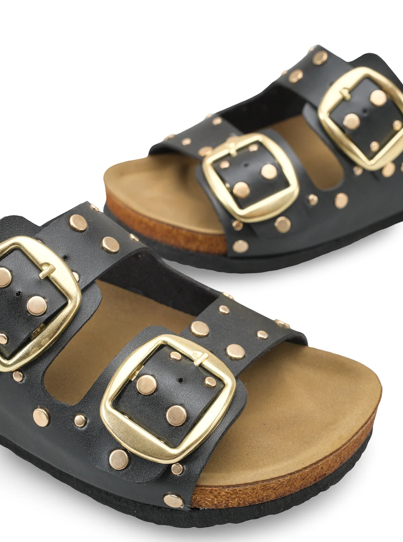 Empty Entire Smooth Leather Stud Strap Mule Sandals, Black, Size 8