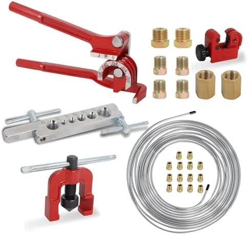 Wadoy Brake line Flaring Tool kit Include 25 FT 3/16" Silver Color Copper Coated Brake Line with Fittings,Brake line Bender,Single Flare Tool with Cutter,Brake Line Bender 26PCS