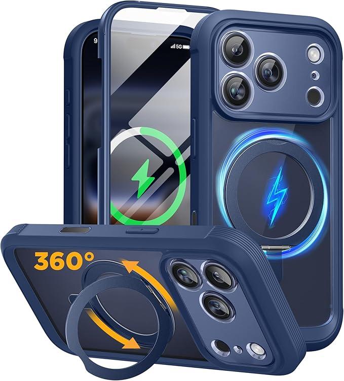 Miracase for iPhone 17 Pro Max Case with 360° Magnetic Ring Stand [Compatible with Magsafe] FullBody Drop Proof Bumper Phone Case with Builtin 11H Tempered Glass Screen Protector,Blue