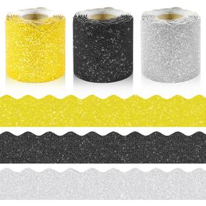 3 Rolls 98.4 Ft Glitter Bulletin Board Borders Set - Sparkly Classroom Borders for Bulletin Board Decorations - Office, School Supplies, Home DIY - Perfect for Teachers, Posters & Birthday Party Decor