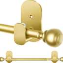 Gold No Drill Curtain Rods for Windows 48 to 84 inch, USFOOK 5/8 Inch Curtain Rods No Drilling with 3M Adhesive Holders, Apartment Friendly Drapery Rod with Round Finials