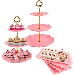 6 Pcs Cupcake Stand Set - Pink Plastic Dessert Table Display Set, 2x Pink Round 3 Tier Cupcake Display Stands Cookie Tray Rack Serving Tower & 4x 14 in Plastic Trays for Wedding Baby Shower Tea Party