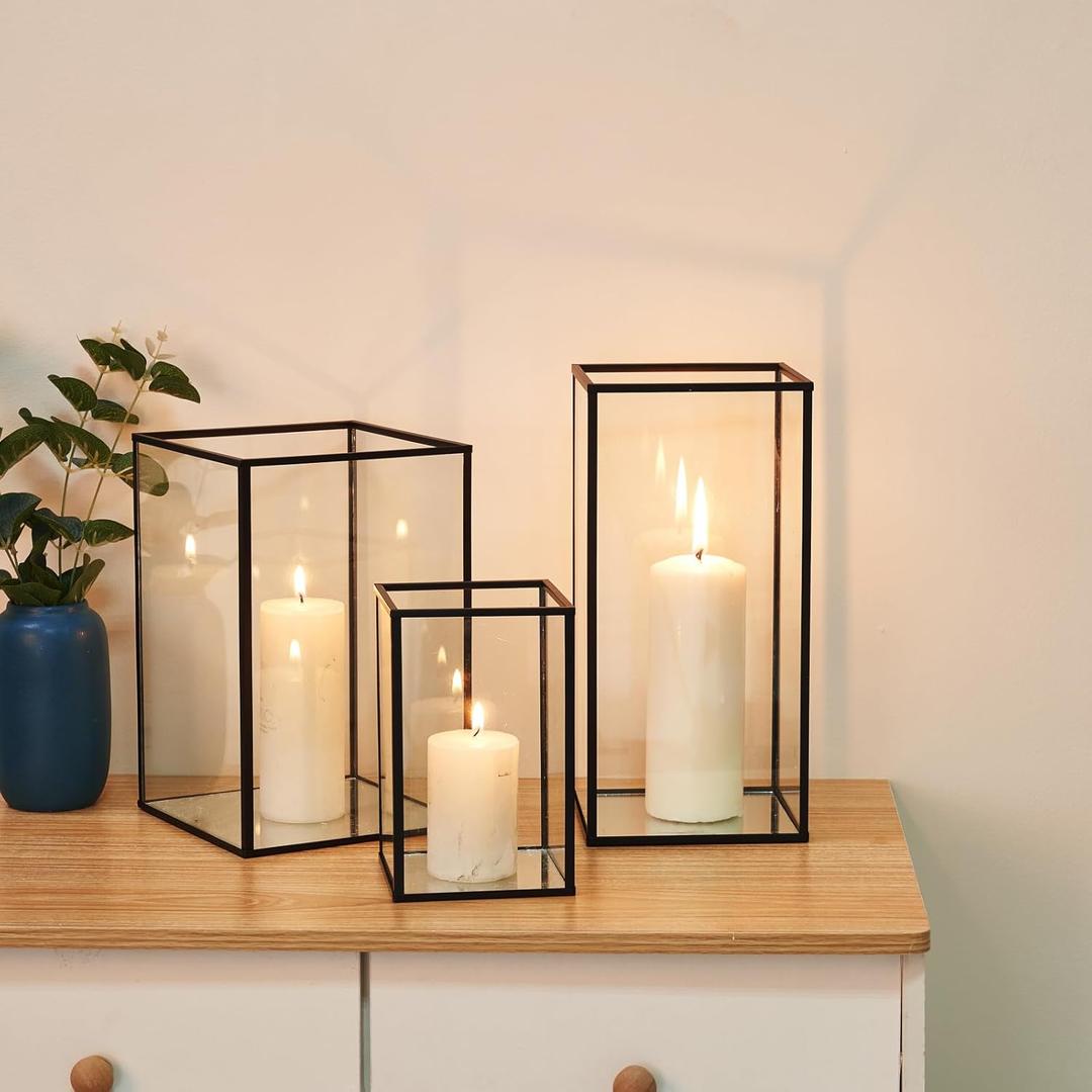 PHOSPHOR Glass Hurricane Candle Holder Set of 3 PCS Large Glass Square Candle Holder Black Lanterns Decorative for Pillar Candle Indoor Candle