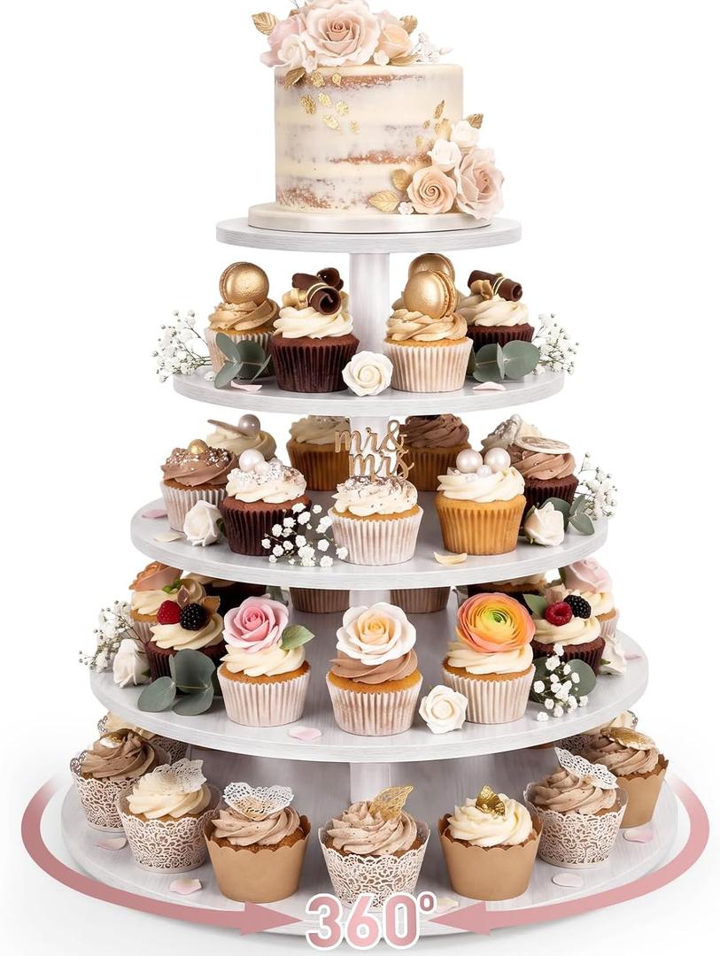 Funnymoom 5 Tier Large Round Cupcake Stand for 100 Cupcake Rustic Cupcakes Tower 360° Rotatable White Cupcakes Holder Table Display Dessert Stand for Birthday Graduation Baby Shower Wedding 20.9''