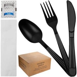 250 Count Black Plastic Silverware Individually Wrapped with Napkin | Disposable Cutlery Set for Parties | To Go Utensils Packets | Pre-wrapped Plasticware Set