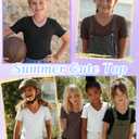 LessonZoo 3 Pack Girl T-Shirts Short Sleeve V Neck Lettuce Trim Fitted Ribbed Kids Tops Teen Cute Tees Summer Clothes Fashion(Black, White, Brown,13-14 Years)