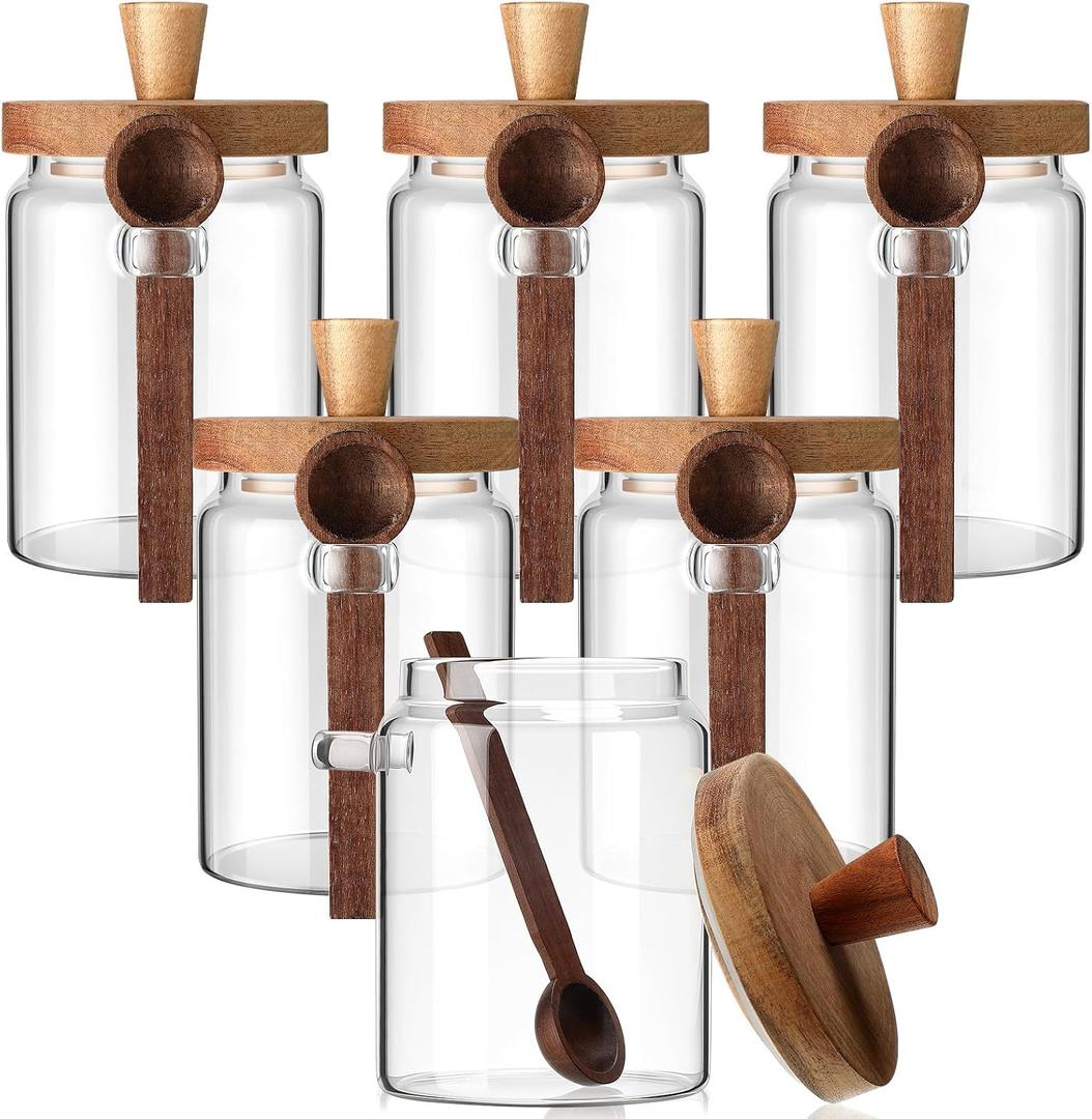 Remerry Set of 6 Glass Jar with Wooden Lid and Spoon, Clear Airtight Spice Canisters Glass Food Storage Kitchen Containers Set for Coffee Bean Tea Sugar (20 oz)