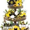 Bee Tiered Tray Decor, Spring Summer Farmhouse Tiered Tray Decorations, Decorative Bumble Bee Gnome Hive Honey Truck Wooden Signs, Rustic Home Decor for Table Shelf Mantel Office Holiday Party