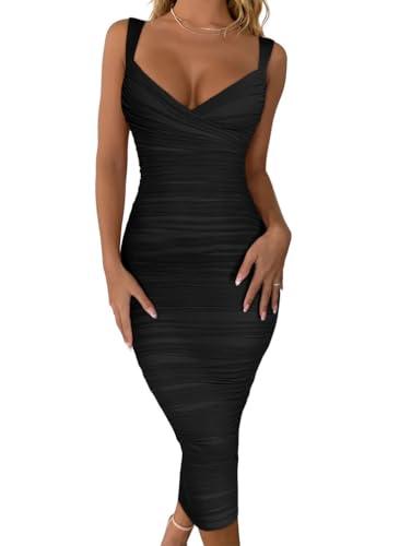 BEAGIMEG Women's Sexy Bodycon Sleeveless Ruched Mesh Club Party Midi Dress Black, M