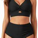 Tempt Me Women Two Piece Swimsuits High Waisted Bikini Set Tummy Control Bathing Suits Knot Twist Cutout Swimwear (Black), Size: M