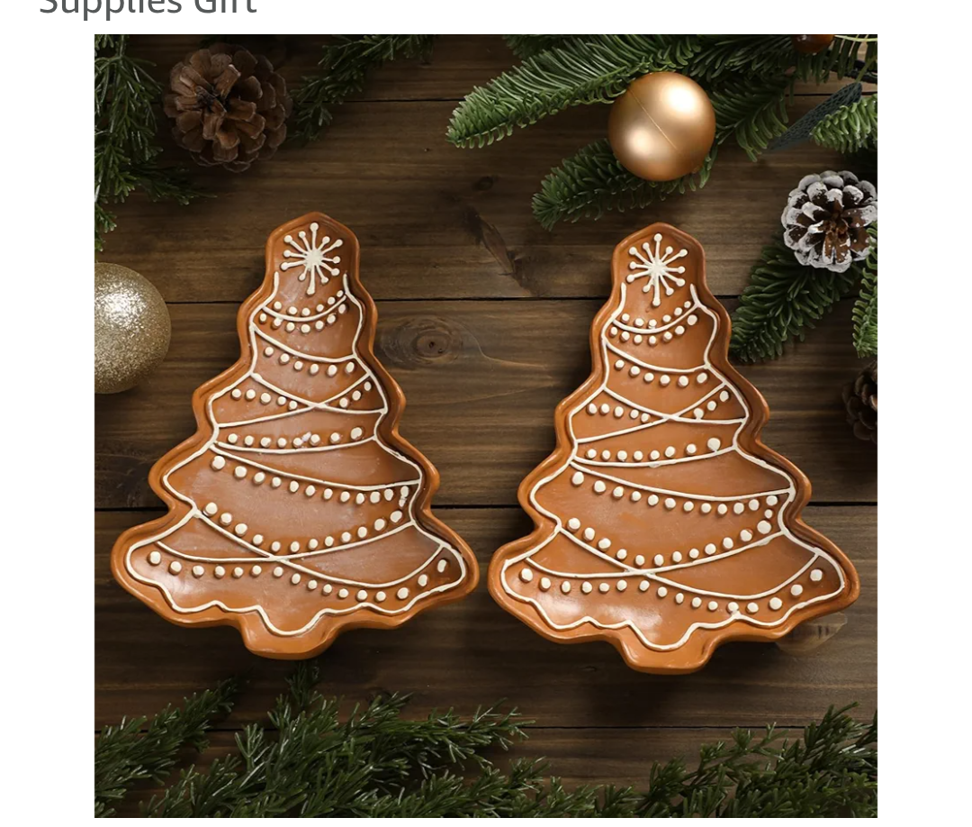LemonRoad 2 Pcs Christmas Gingerbread Plates Resin Gingerbread Tree Shaped Platter 8 x 5.9 Inch Hand Painted Xmas Tree Snack Fruit Candy Serving Tray for Farmhouse Home Decoration Party Supplies Gift